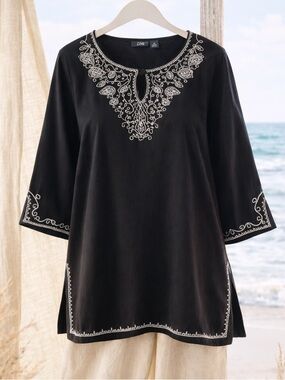 Boho Embroidered Tunic Top Black White Front Keyhole Cotton CB Casual Plus Sz 2X